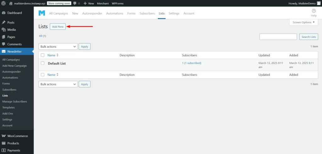 mailster add new list
