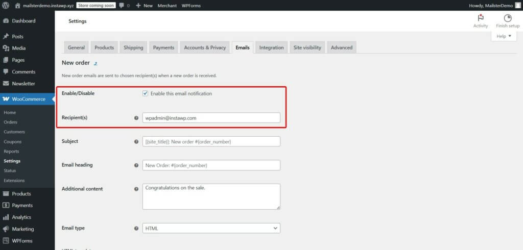 mailster enable woocommerce default new order email