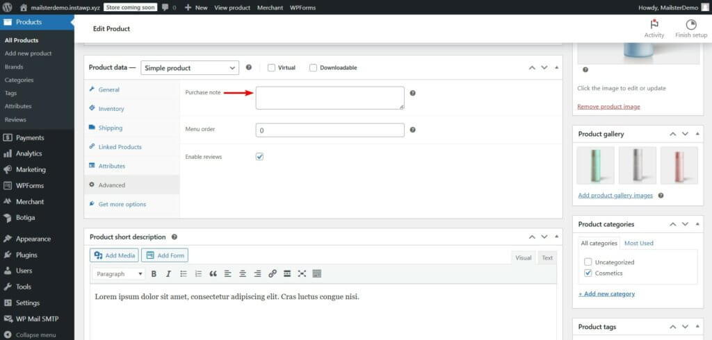 woocommerce product note